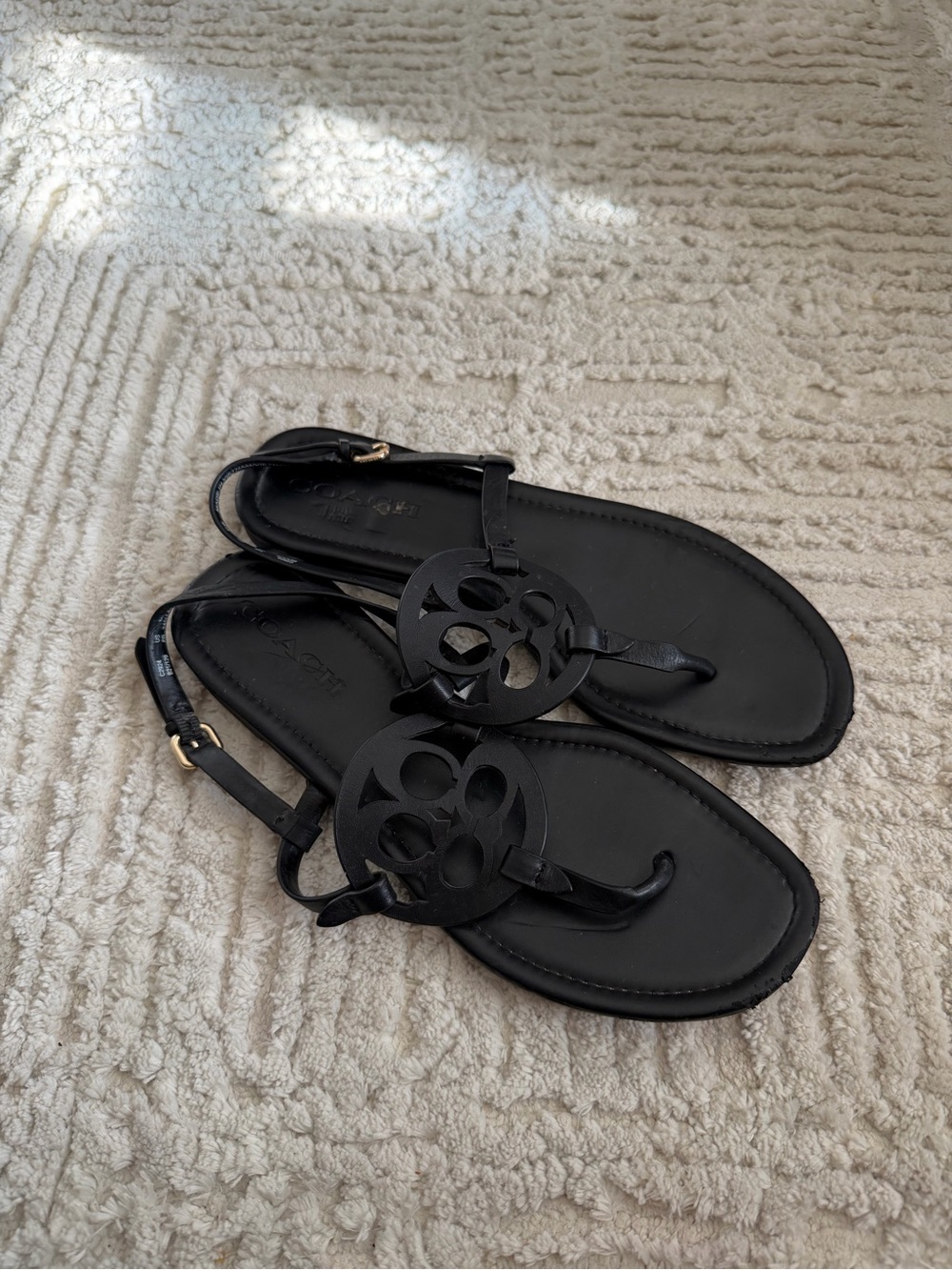 black leather Coach Jaci logo T-strap flat slingback sandals